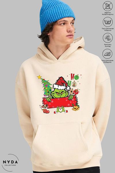Nyda Collections Φούτερ με κουκούλα Heart Grinch New Year Printed Unisex - Μακρυμάνικο, Oversize βαμβακερό