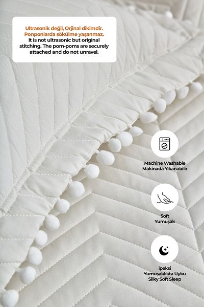 Evlen Home Collection Ollie Double Pompom Quilted Bedspread - 100% Cotton, White Cream