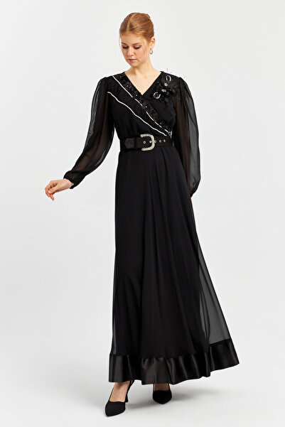 İnce Çiçek detaylı Kruvaze yaka Uzun Abiye Elbise