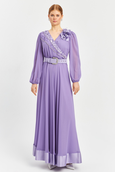 İnce Çiçek detaylı Kruvaze yaka Uzun Abiye Elbise