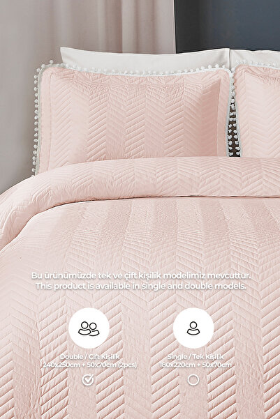Evlen Home Collection Ollie %100 Pamuk Yatak Örtüsü ( Pike ) Takımı Çift Kişilik Ponponlu Kapitone Çizgili Günlük Pudra