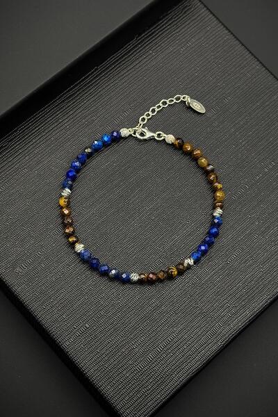 FRNCH 925 Ayar Gümüş ve Lapis Lazuli/Kaplan Gözü Doğal Taşlı Çok Renkli Erkek...