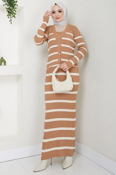 hafsamina Camel Gilet Knitwear Set - Striped Jacket Hm2634
