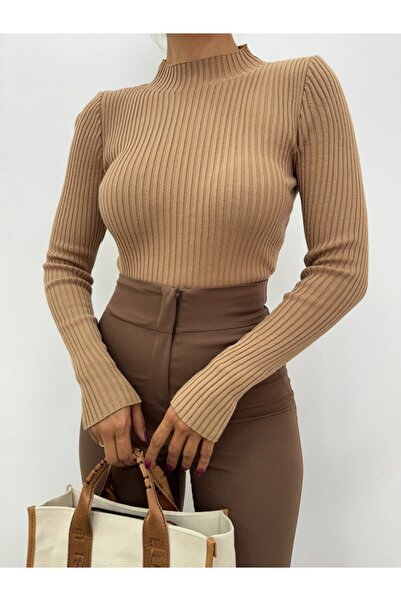 Modamorfo Half-Necked Ribbed Knitwear Sweater - Mink