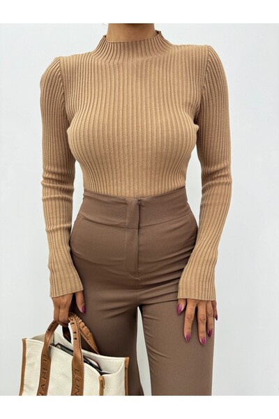 Modamorfo Half-Necked Ribbed Knitwear Sweater - Mink