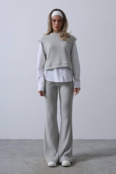 Klein Gömlek Detaylı Gri Örme Triko Takım