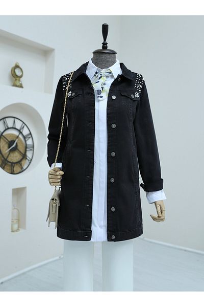Modamorfo Schwarze Jeansjacke – mit Steinstickerei und Waschung