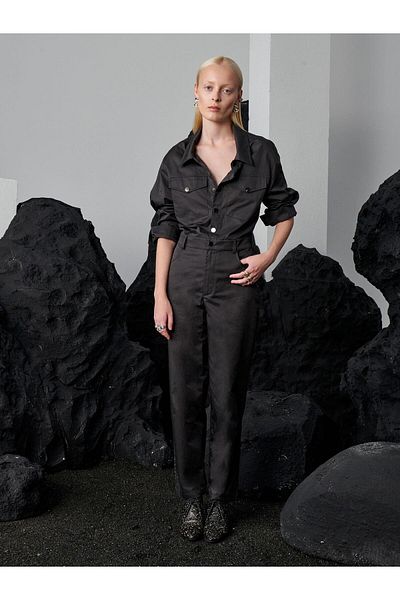 RİVUS Anthracite Long Sleeve Metal Snap Canvas Jumpsuit