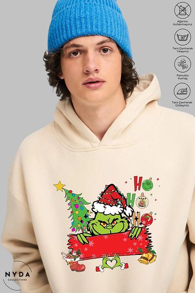 Nyda Collections Φούτερ με κουκούλα Heart Grinch New Year Printed Unisex - Μακρυμάνικο, Oversize βαμβακερό