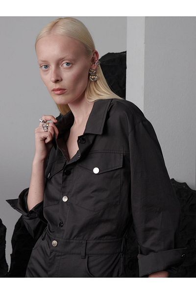 RİVUS Anthracite Long Sleeve Metal Snap Canvas Jumpsuit
