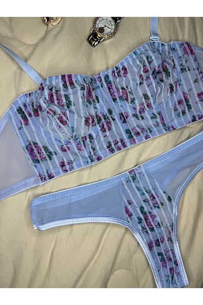 ROZENİN LINGERIE Blue Floral Corset Glitter Tulle Bustier Bra Set