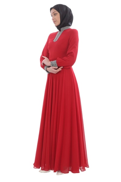 PHELDA Red Hijab Dress - Gingham Garni Detail, Model 704