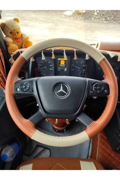 HASBAY DİKİŞLİ DİREKSİYON KILIFI BEJ /TABA DERİ SİYAH DİKİŞLİ MERCEDES TIR KA...