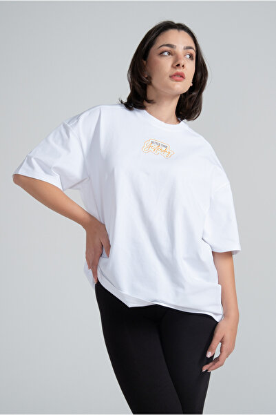 Kyron Kadın Düşük Kol Oversize Pamuklu Baskılı Tişört - Farklı Renk Seçenekleri