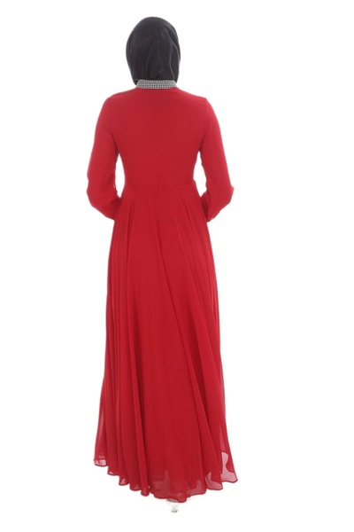 PHELDA Red Hijab Dress - Gingham Garni Detail, Model 704