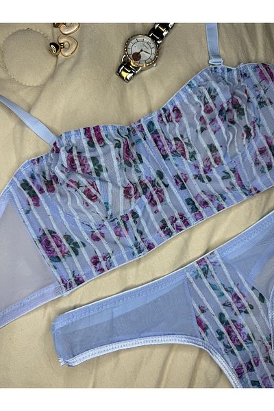 ROZENİN LINGERIE Blue Floral Corset Glitter Tulle Bustier Bra Set