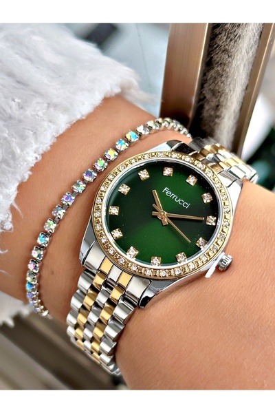 Ferrucci Altın Gümüş Renk Taşlı Model Şık Tasarım Garantili Çelik Kordon Kadın Kol Saati + BİLEKLİK