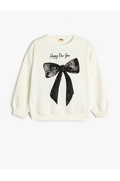 Koton Crew Neck Bow Sweatshirt - Sequins Sequins, Long Sleeve, Raster