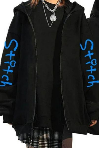 Köstebek Black Stitch Zip Back Printed Hooded Sweatshirt