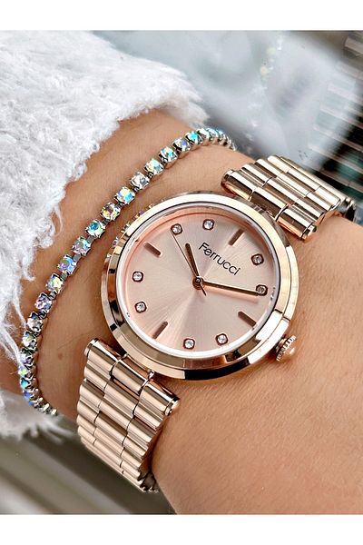 Ferrucci Rose Gold Color Classic Plain Model Women's Wrist Watch + Bracelet