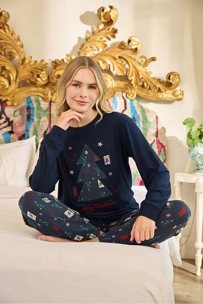 Aydoğan Lodos Store Aydoğan Women's Long Sleeve Thermal Pajamas Set Merry Christmas Print