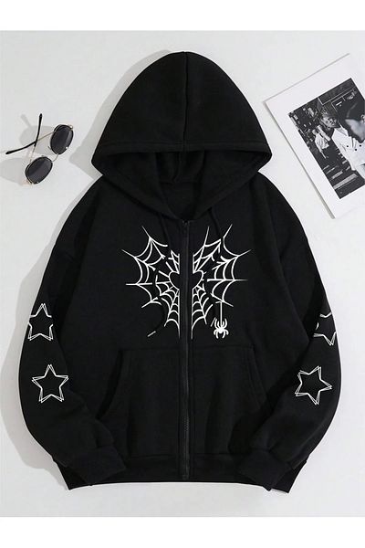 Boi Φούτερ με κουκούλα Star Detailed Oversize - Μαύρη χειμερινή ζακέτα με φερμουάρ