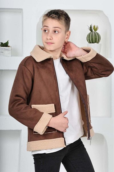 Uğur bebe Boy's Brown Pocketed Suede Jacket with Fur Model