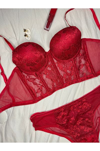 ROZENİN LINGERIE Red Lace Corset with Support Bustier Bra Set