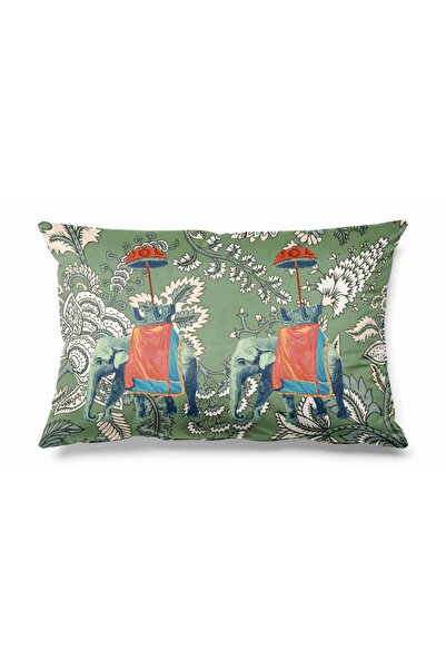 Pilloveland Dikdörtgen Hint Fili Desenli Çift Tarafı Baskılı Süet Kırlent Kılıfı - Küf Yeşili