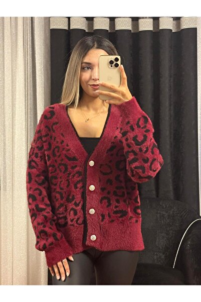 SHINE STYLE Leopard Patterned Stone Button Detail Burgundy Cardigan