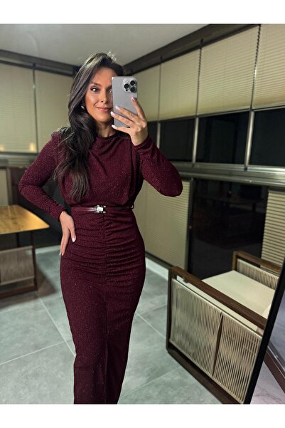caddstore Omuz Vatkalı Bordo Simli Kemerli Elbise