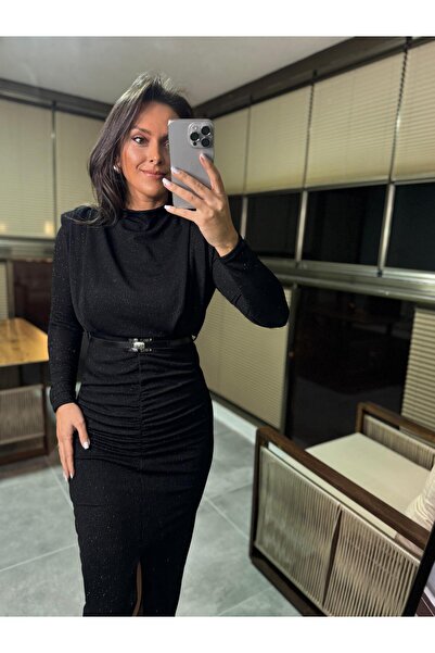 caddstore فستان أسود لامع بحزام على الكتف