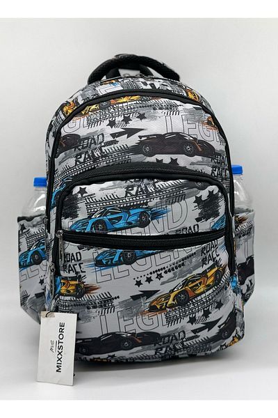 ms mixxstore Rucsac pentru școală primară pentru bărbați cu model de mașină, cu alimentare din folie și suport pentru stilou