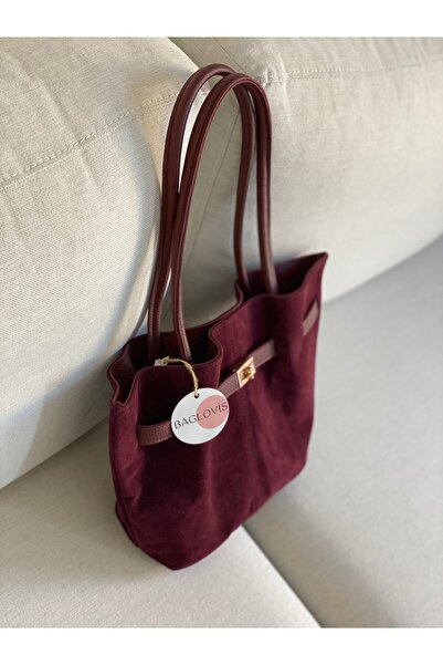 BAGLOVİS Bordo Suede Women's Shoulder Bag with Front Lock Detail