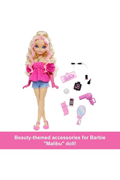 Barbie دمية دريم بيستيز ماليبو القابلة للتحريك بشعر أشقر مموج، و11 قطعة مكياج وإكسسوارات شعر