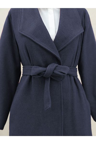 Modamorfo Shawl Collar Pocket Belted Cashmere Coat -Navy