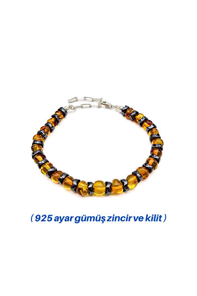 Kehribar Hematit Gümüş Bileklik