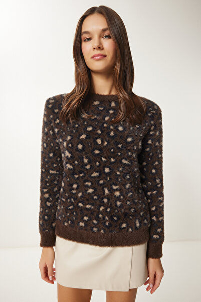 Lovelyİstanbul Anthracite Mink Leopard Print Bearded Sweater Cardigan - Lkb0010