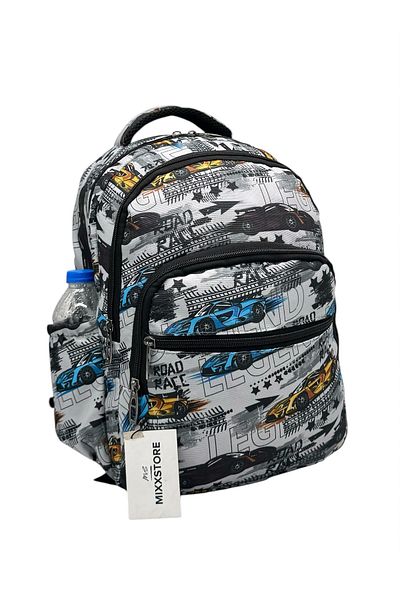ms mixxstore Rucsac de școală primară din folie cu model de mașină de culoare gri, cu suport pentru nutriție și stilou
