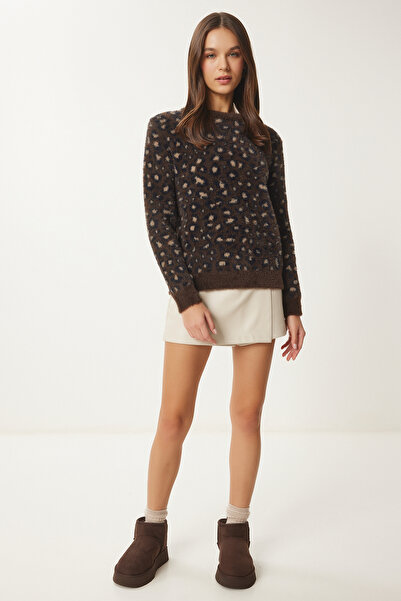 Lovelyİstanbul Anthracite Mink Leopard Print Bearded Sweater Cardigan - Lkb0010