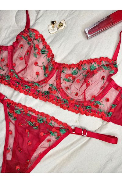 ROZENİN LINGERIE Set de sutien din tul fără cupă cu sârmă, roșu, verde, cireș (SUTIEN TANGA)