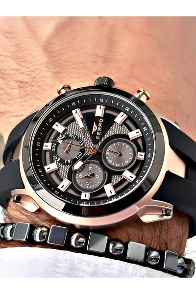 FERRO Black Color Sports Model Stylish Design Men's Wrist Watch + Bracelet Gift