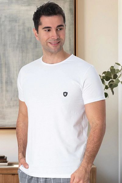 Mecit Pijama Tricouri și pijamale pentru bărbați cu gât crew - mânecă scurtă, alb, 95% bumbac 5% lycra