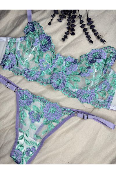 ROZENİN LINGERIE Set de sutien din tul fără cupă cu sârmă, verde, violet, floral (SUTIEN TANGA)