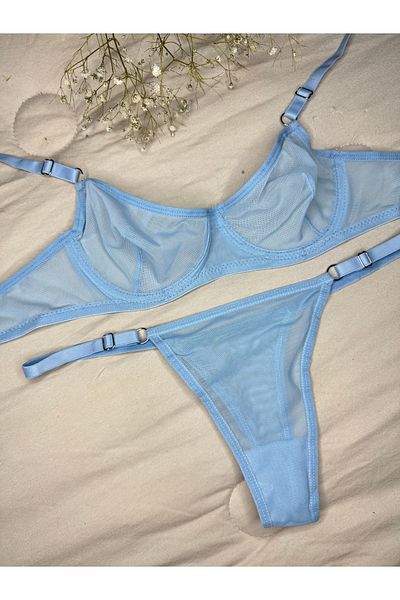 ROZENİN LINGERIE Set sutien din tul fără cupă cu sârmă albastru baby (SUTIEN-TANGA)