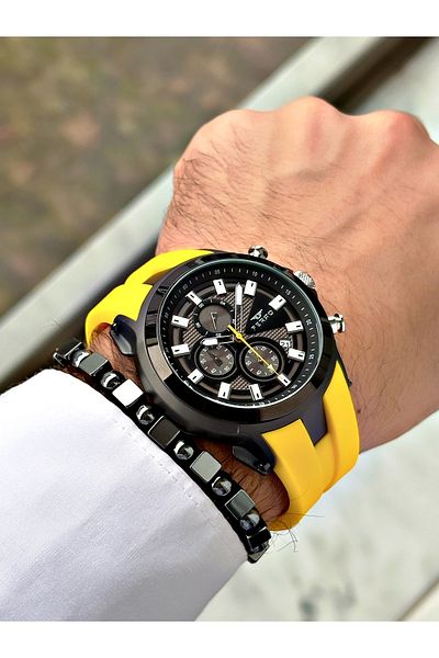 FERRO Yellow Color Sports Model Stylish Design Men's Wrist Watch + Bracelet Gift