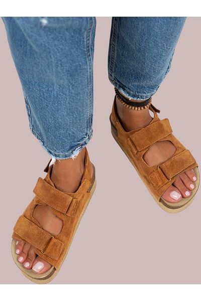 Flow Manijero Emilia Women's Genuine Leather Double Velcro Tan Sandals