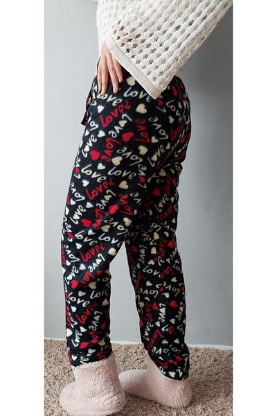 Bahar design Women's Black Heart Winter Fleece Pajama Bottoms