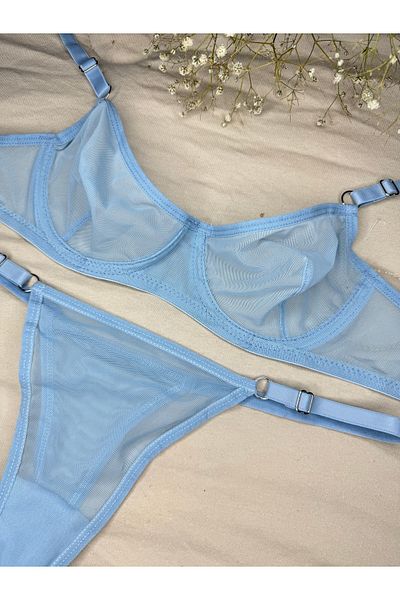 ROZENİN LINGERIE Set sutien din tul fără cupă cu sârmă albastru baby (SUTIEN-TANGA)