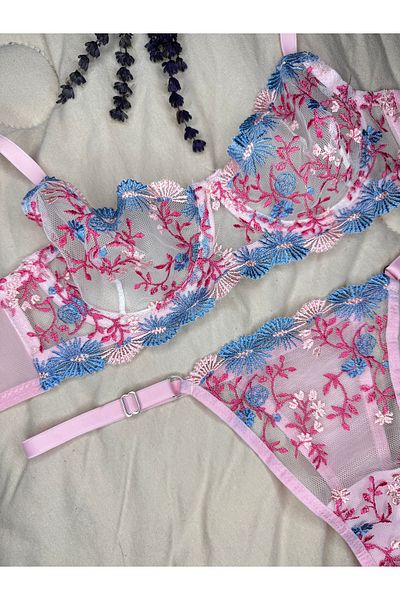 ROZENİN LINGERIE Set sutien din tul fără cupă cu sârmă, roz albastru floral (SUTIEN TANGA)